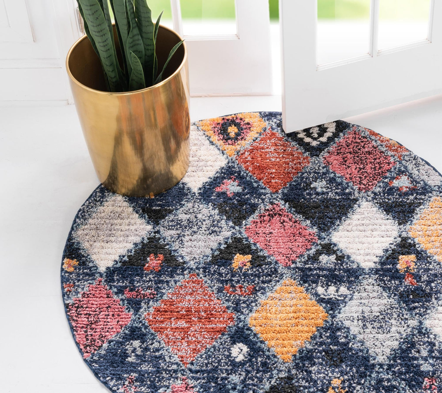 Blue 7' x 7' Morocco Round Area Rug 100% Polyester Traditional Classic Carpet for Moroccan Inspired Interior Design Home Decor for Sale at Rug Engine