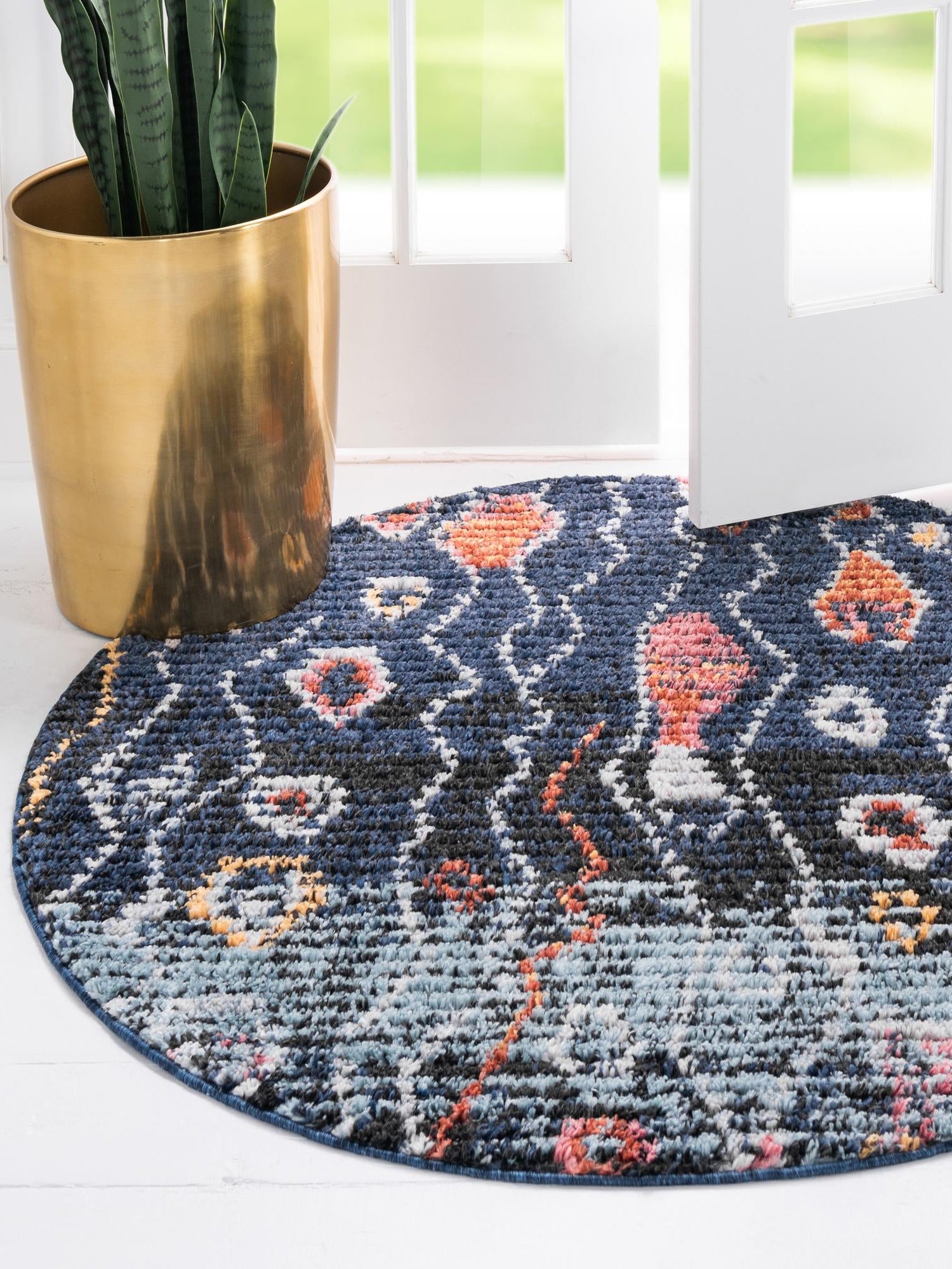 Navy Blue 4' 1 x 4' 1 Morocco Round Area Rug 100% Polyester Traditional Classic Carpet for Moroccan Inspired Interior Design Home Decor for Sale at Rug Engine