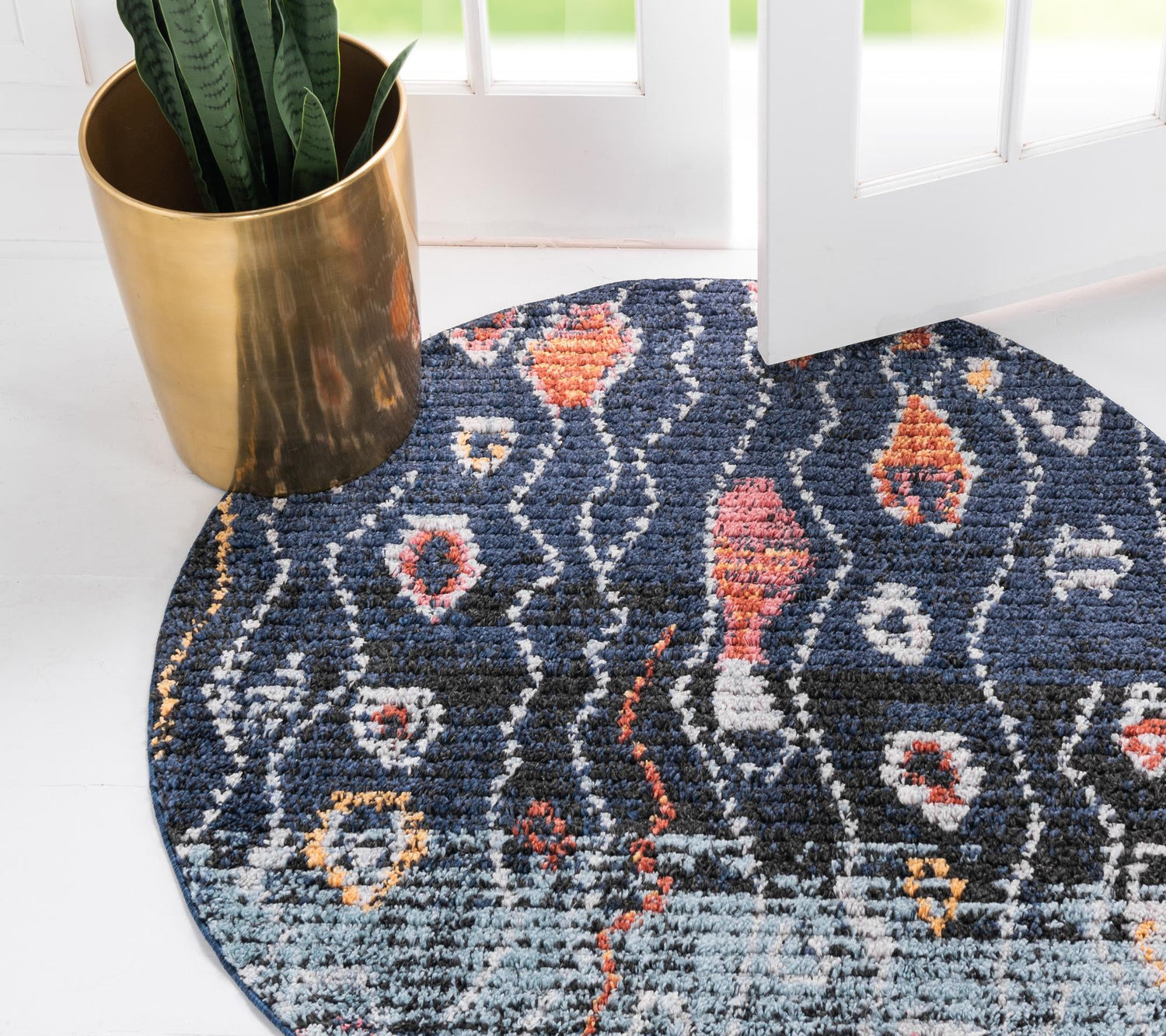 Navy Blue 4' 1 x 4' 1 Morocco Round Area Rug 100% Polyester Traditional Classic Carpet for Moroccan Inspired Interior Design Home Decor for Sale at Rug Engine
