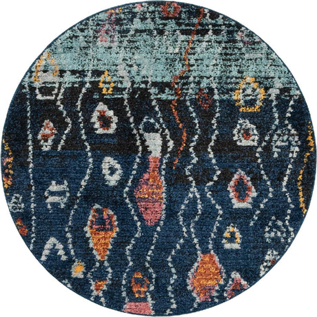 Navy Blue 4' 1 x 4' 1 Morocco Round Area Rug 100% Polyester Traditional Classic Carpet for Moroccan Inspired Interior Design Home Decor for Sale at Rug Engine