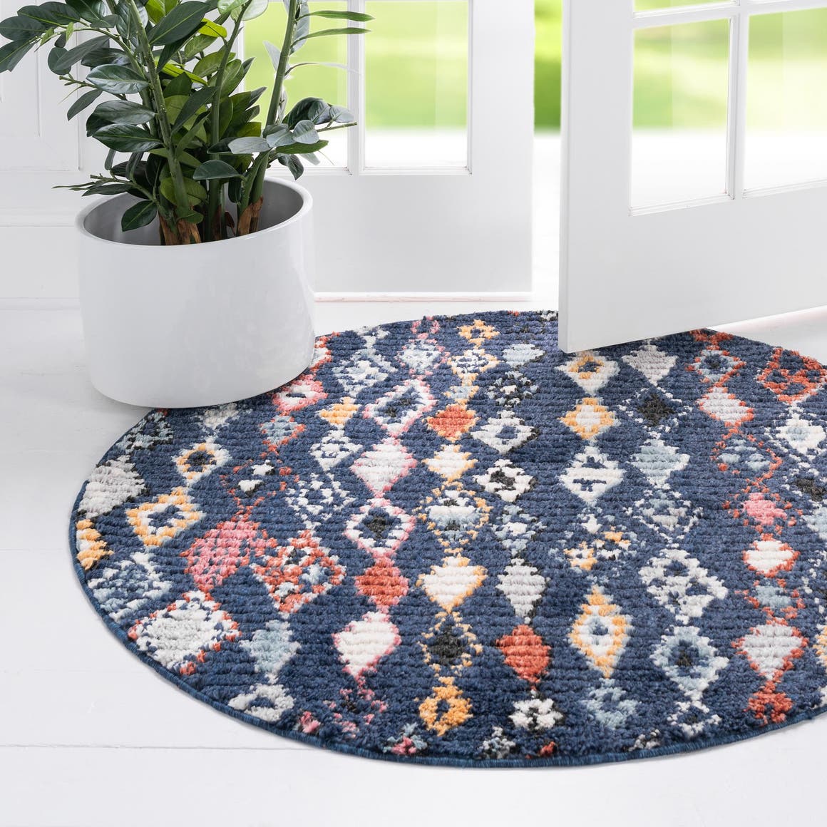 Navy Blue 7' x 7' Morocco Round Area Rug 100% Polyester Traditional Classic Carpet for Moroccan Inspired Interior Design Home Decor for Sale at Rug Engine