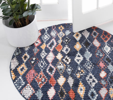 Navy Blue 7' x 7' Morocco Round Area Rug 100% Polyester Traditional Classic Carpet for Moroccan Inspired Interior Design Home Decor for Sale at Rug Engine