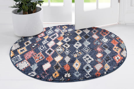 Navy Blue 7' x 7' Morocco Round Area Rug 100% Polyester Traditional Classic Carpet for Moroccan Inspired Interior Design Home Decor for Sale at Rug Engine