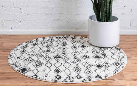 Ivory 4' 1 x 4' 1 Morocco Round Area Rug 100% Polyester Traditional Classic Carpet for Moroccan Inspired Interior Design Home Decor for Sale at Rug Engine