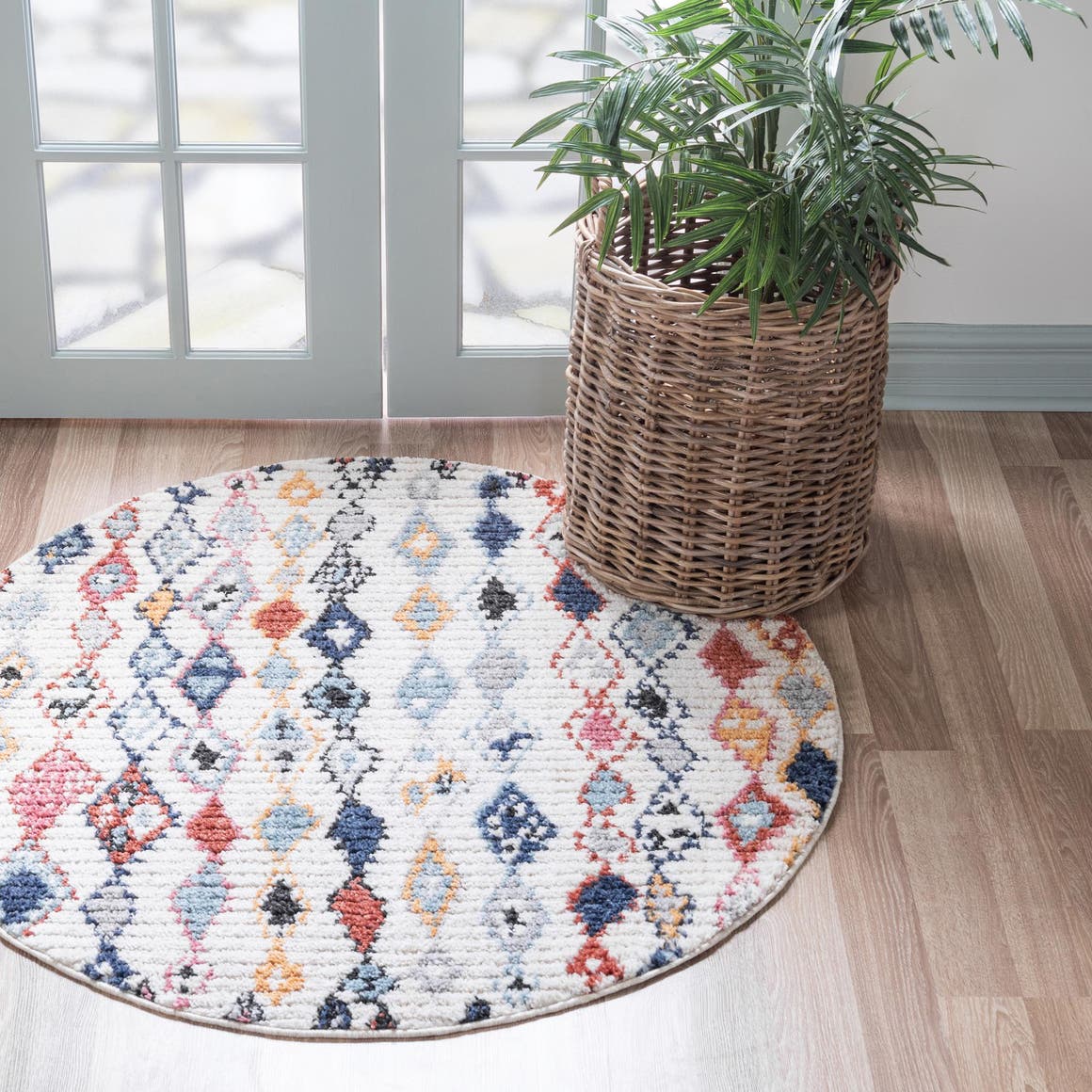 Multicolor 7' x 7' Morocco Round Area Rug 100% Polyester Traditional Classic Carpet for Moroccan Inspired Interior Design Home Decor for Sale at Rug Engine