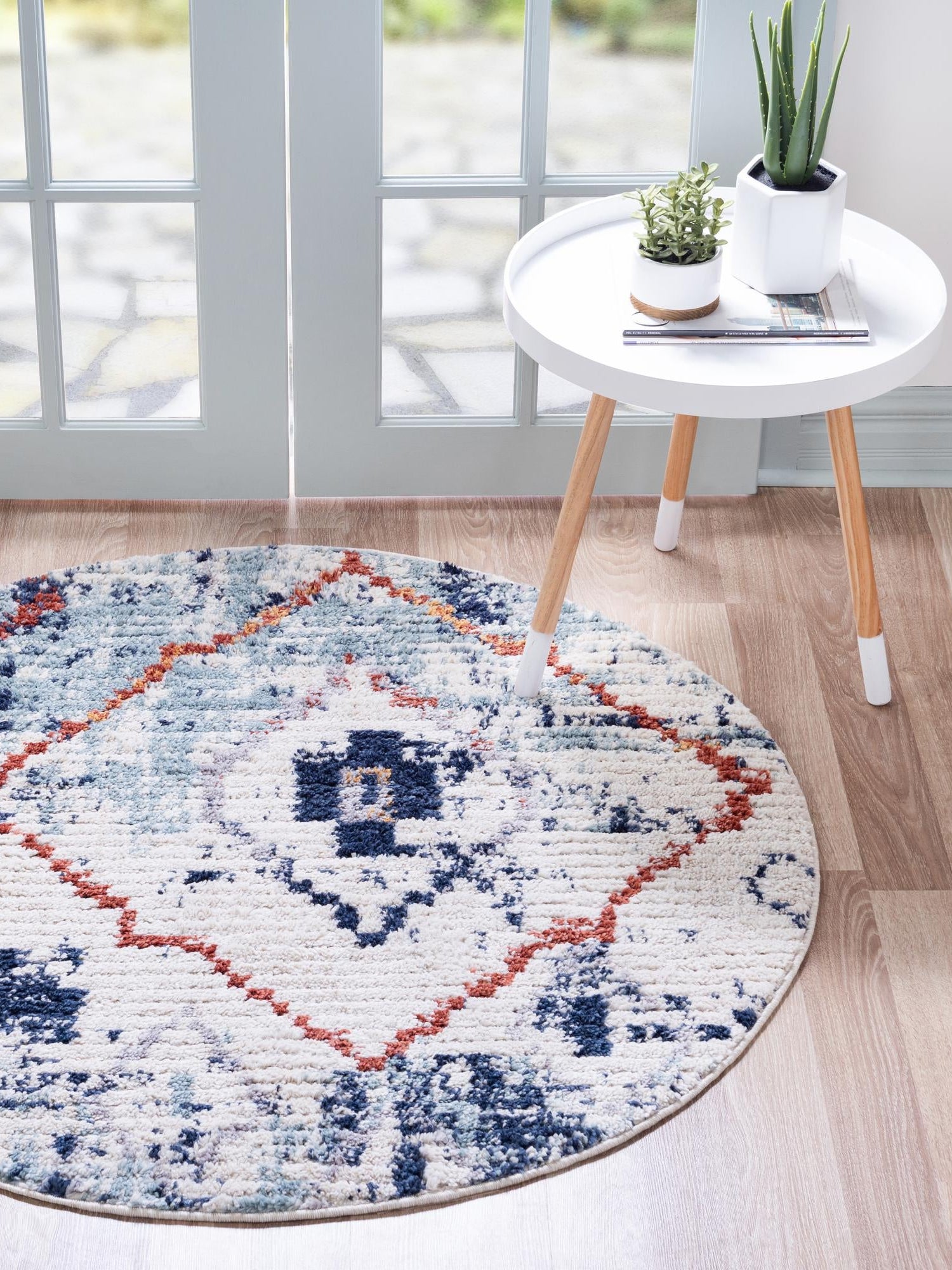 Light Blue 4' x 4' Morocco Round Area Rug 100% Polyester Traditional Classic Carpet for Moroccan Inspired Interior Design Home Decor for Sale at Rug Engine