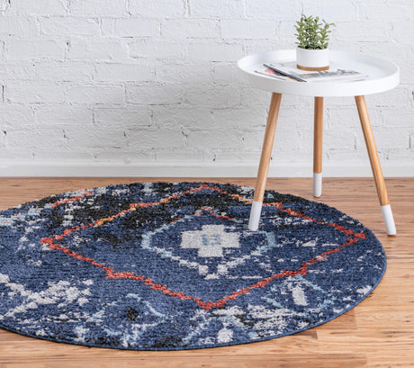 Navy Blue 4' 1 x 4' 1 Morocco Round Area Rug 100% Polyester Traditional Classic Carpet for Moroccan Inspired Interior Design Home Decor for Sale at Rug Engine