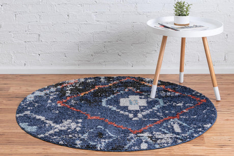 Navy Blue 4' 1 x 4' 1 Morocco Round Area Rug 100% Polyester Traditional Classic Carpet for Moroccan Inspired Interior Design Home Decor for Sale at Rug Engine