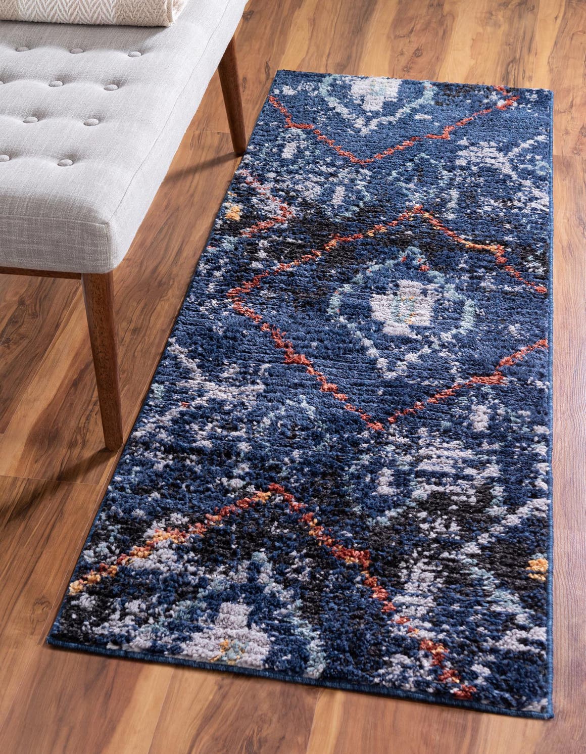 Navy Blue 2' 2 x 6' 1 Morocco Runner Area Rug 100% Polyester Traditional Classic Carpet for Moroccan Inspired Interior Design Home Decor for Sale at Rug Engine