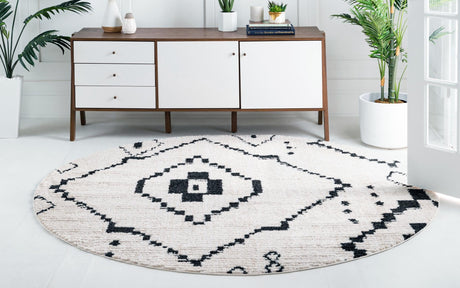 Ivory 4' 1 x 4' 1 Morocco Round Area Rug 100% Polyester Traditional Classic Carpet for Moroccan Inspired Interior Design Home Decor for Sale at Rug Engine