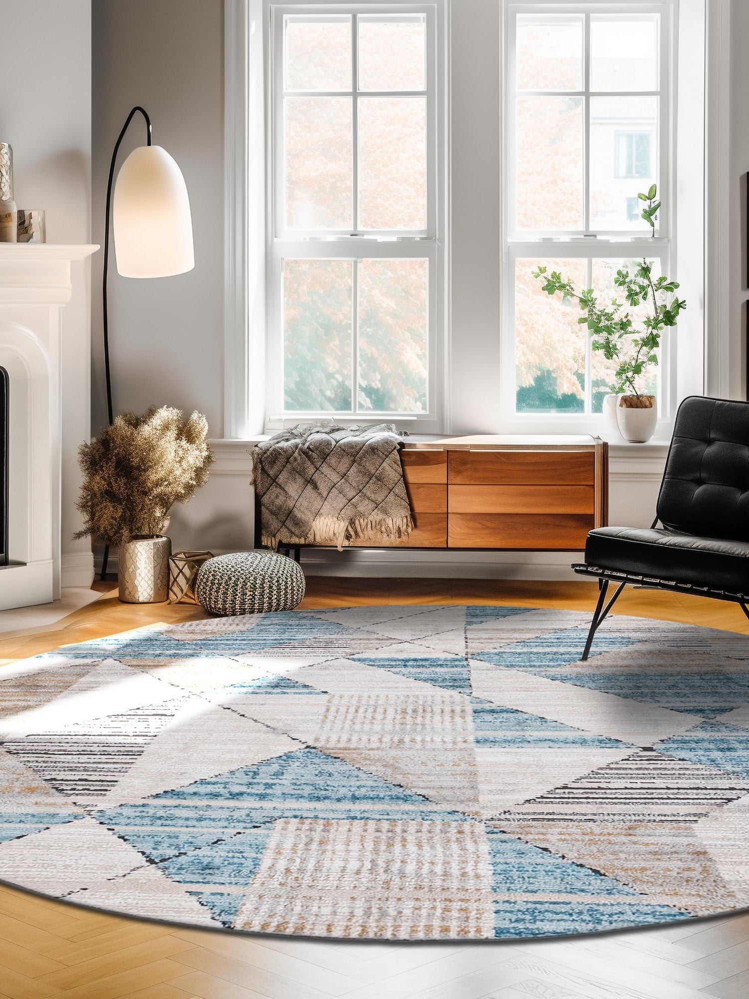 Blue 6' 1 x 6' 1 Leipzig Round Area Rug 75% Polypropylene & 25% Polyester Modern Contemporary Carpet for Kitchens, Bedroom, Living Room Home Decor for Sale at Rug Engine