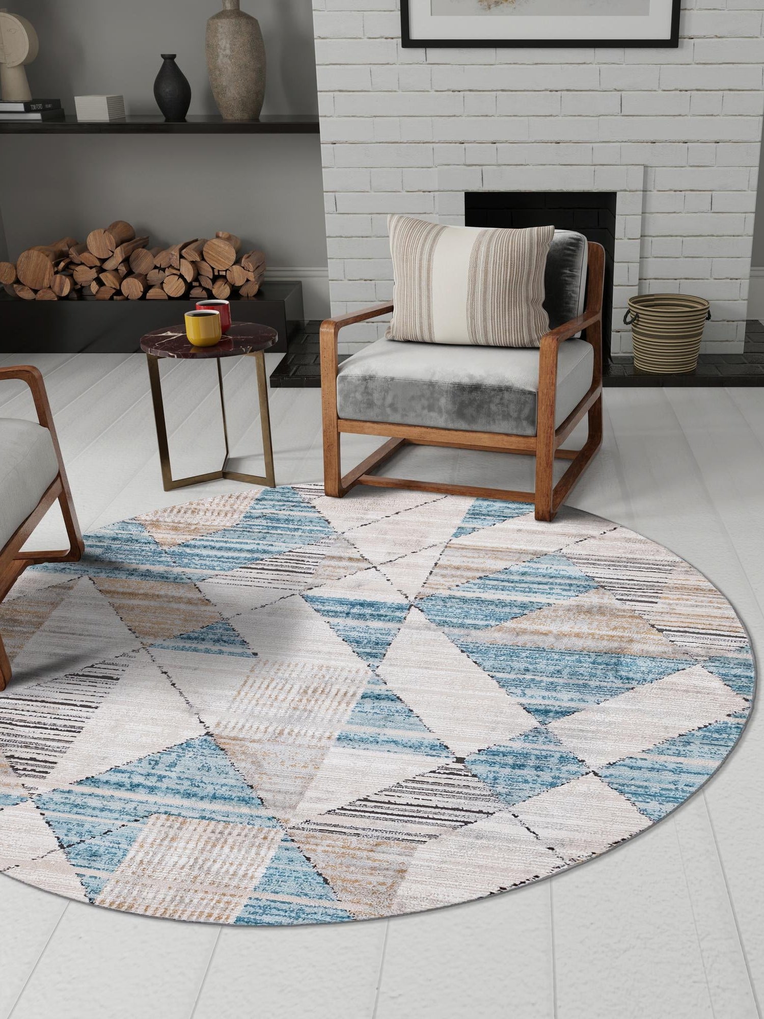 Blue 7' 1 x 7' 1 Leipzig Round Area Rug 75% Polypropylene & 25% Polyester Modern Contemporary Carpet for Kitchens, Bedroom, Living Room Home Decor for Sale at Rug Engine