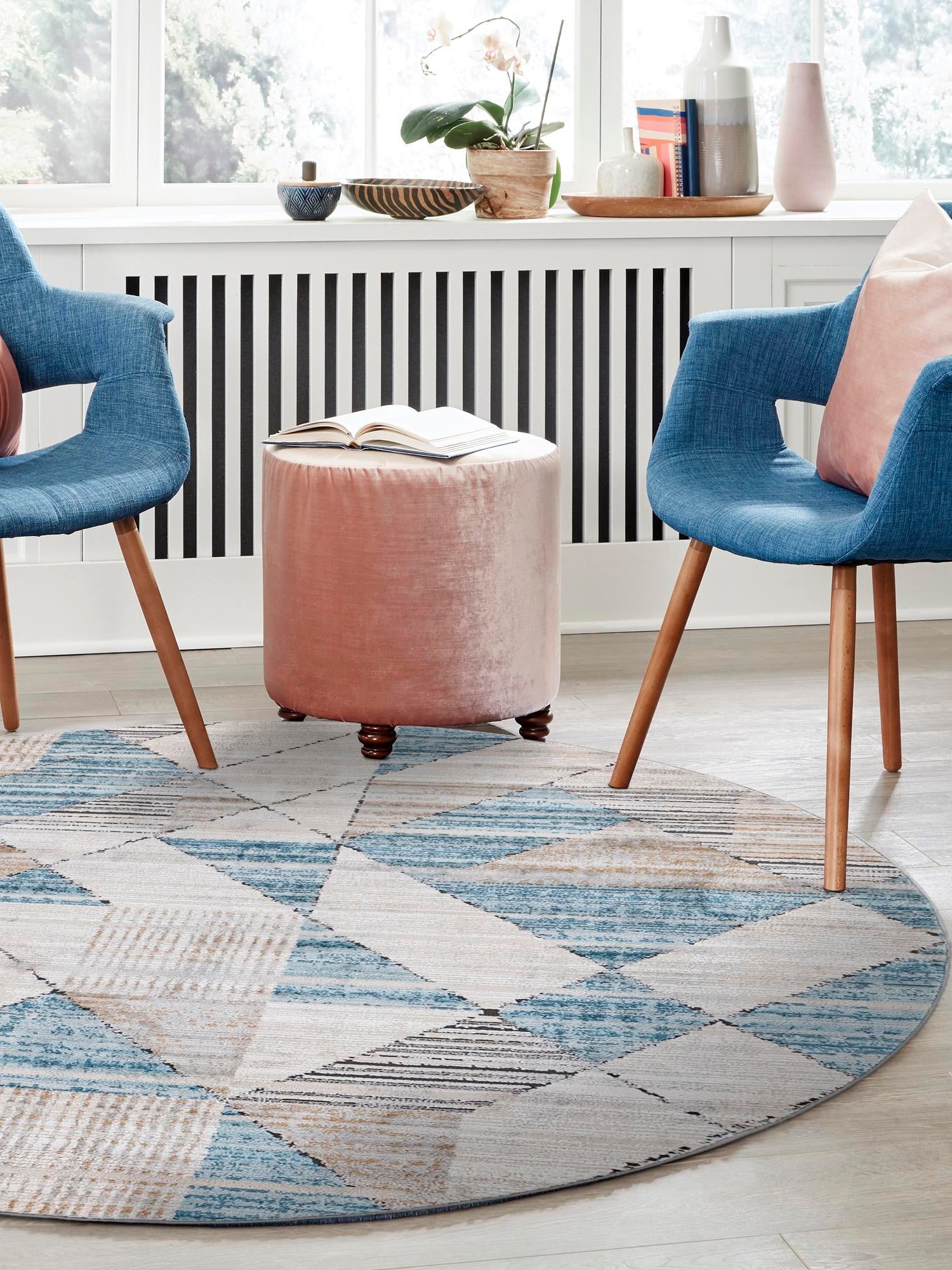 Blue 7' 1 x 7' 1 Leipzig Round Area Rug 75% Polypropylene & 25% Polyester Modern Contemporary Carpet for Kitchens, Bedroom, Living Room Home Decor for Sale at Rug Engine