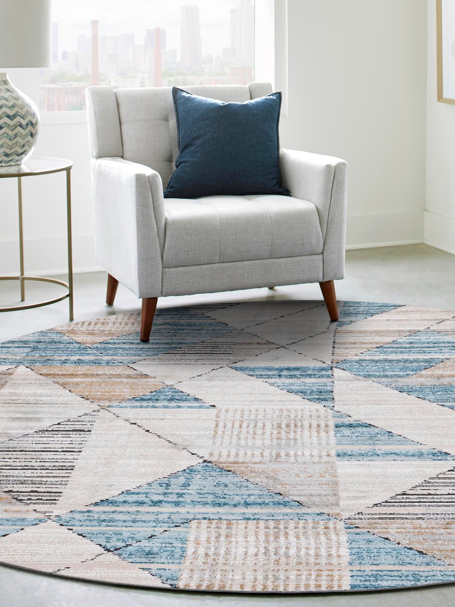 Blue 7' 1 x 7' 1 Leipzig Round Area Rug 75% Polypropylene & 25% Polyester Modern Contemporary Carpet for Kitchens, Bedroom, Living Room Home Decor for Sale at Rug Engine