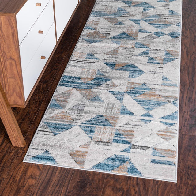 Blue 2' 7 x 10' Leipzig Runner Area Rug 75% Polypropylene & 25% Polyester Modern Contemporary Carpet for Kitchens, Bedroom, Living Room Home Decor for Sale at Rug Engine