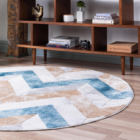 Blue 7' 1 x 7' 1 Leipzig Round Area Rug 75% Polypropylene & 25% Polyester Modern Contemporary Carpet for Kitchens, Bedroom, Living Room Home Decor for Sale at Rug Engine