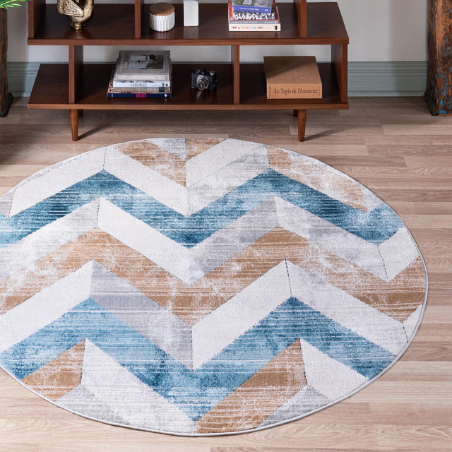 Blue 7' 1 x 7' 1 Leipzig Round Area Rug 75% Polypropylene & 25% Polyester Modern Contemporary Carpet for Kitchens, Bedroom, Living Room Home Decor for Sale at Rug Engine