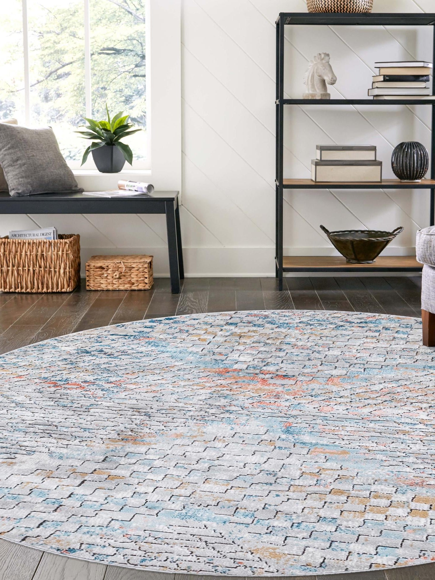 Multicolor 5' 3 x 5' 3 Leipzig Round Area Rug 75% Polypropylene & 25% Polyester Modern Contemporary Carpet for Kitchens, Bedroom, Living Room Home Decor for Sale at Rug Engine