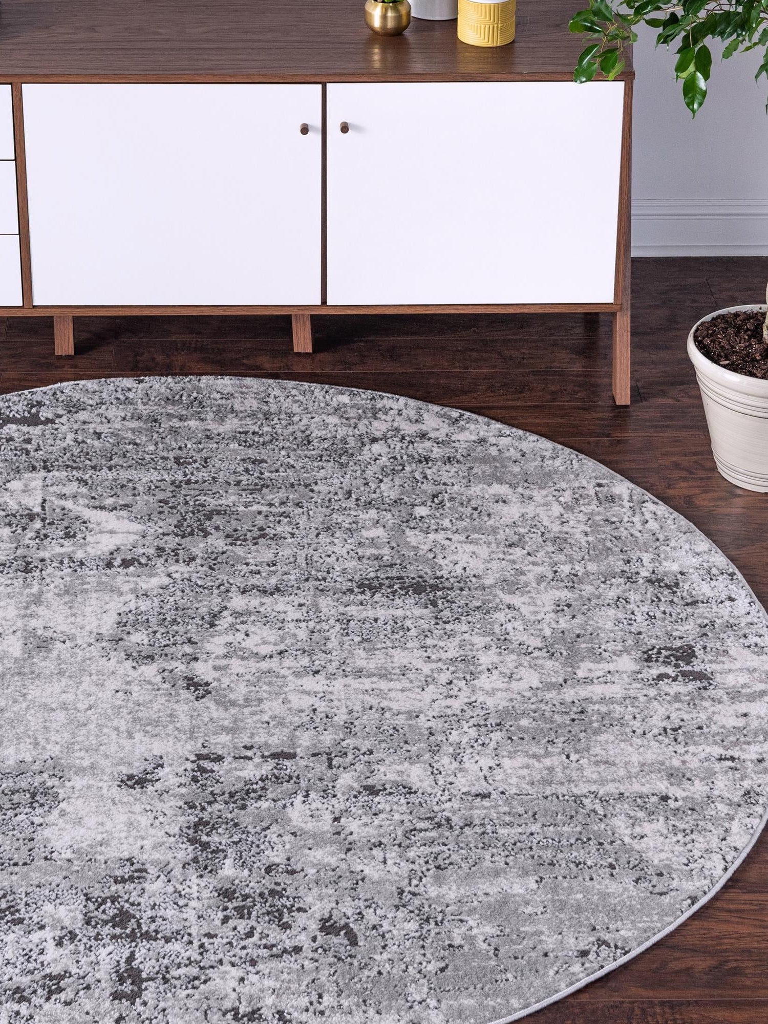 Gray 7' 10 x 7' 10 Leipzig Round Area Rug 75% Polypropylene & 25% Polyester Modern Contemporary Carpet for Kitchens, Bedroom, Living Room Home Decor for Sale at Rug Engine