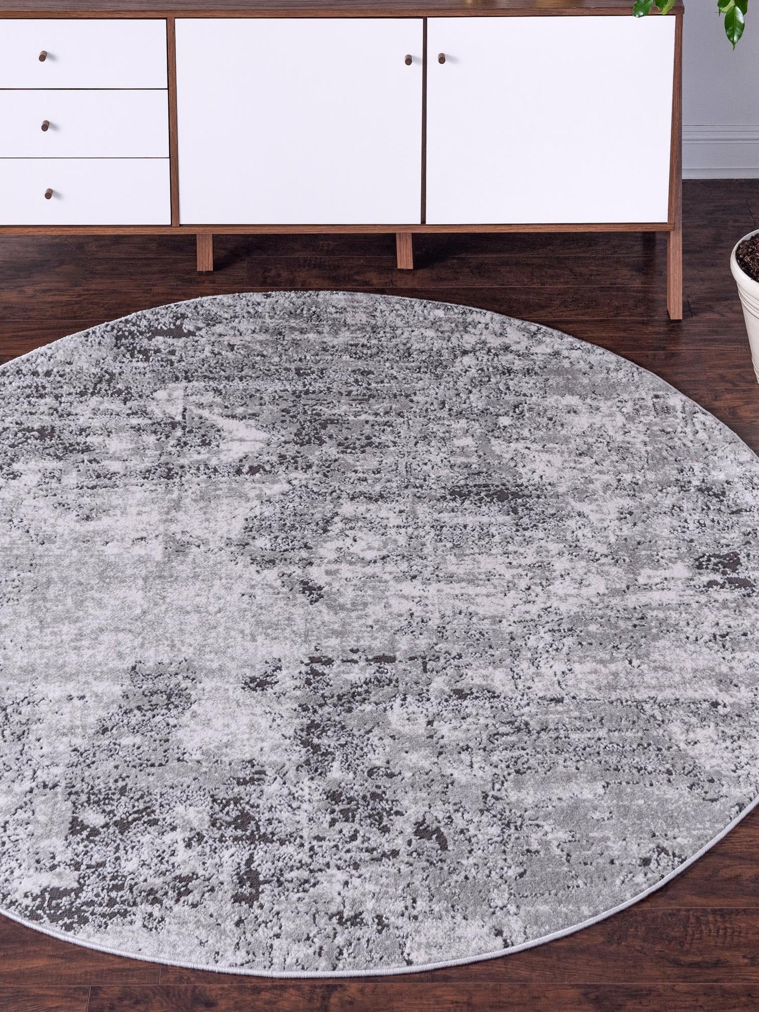 Gray 4' 1 x 4' 1 Leipzig Round Area Rug 75% Polypropylene & 25% Polyester Modern Contemporary Carpet for Kitchens, Bedroom, Living Room Home Decor for Sale at Rug Engine