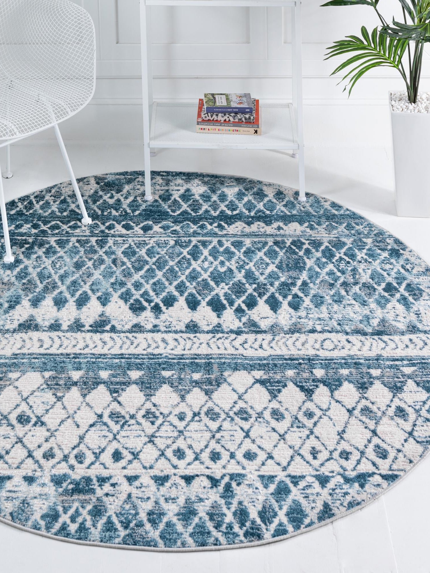 Blue 7' 1 x 7' 1 Leipzig Round Area Rug 75% Polypropylene & 25% Polyester Modern Contemporary Carpet for Kitchens, Bedroom, Living Room Home Decor for Sale at Rug Engine