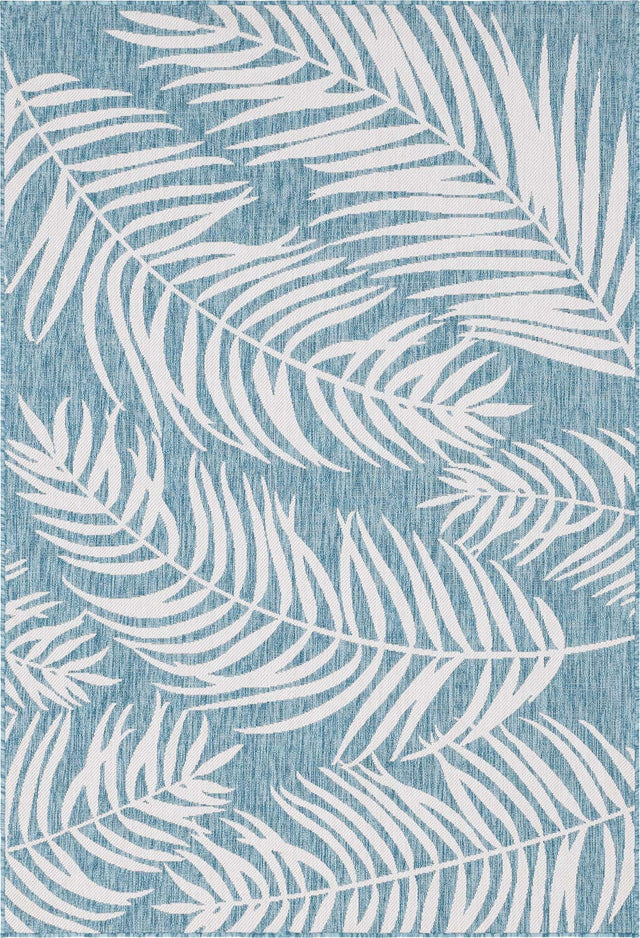 Light Aqua 6' 1 x 9' Outdoor Botanical Rectangle Area Rug Weather Resistant for Patio, Deck, Terrace, Balcony, Porch Polypropylene Garden Floral Tropical Carpet for Sale at Rug Engine