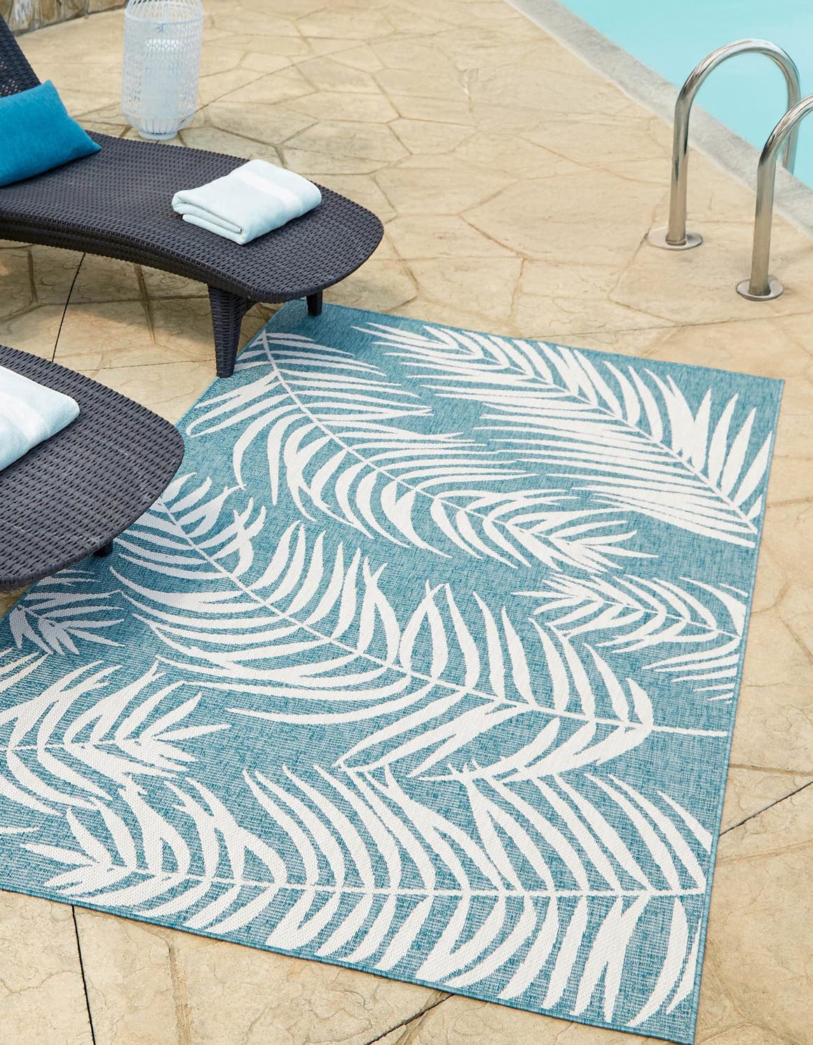 Light Aqua 5' 3 x 7' 1 Outdoor Botanical Rectangle Area Rug Weather Resistant for Patio, Deck, Terrace, Balcony, Porch Polypropylene Garden Floral Tropical Carpet for Sale at Rug Engine