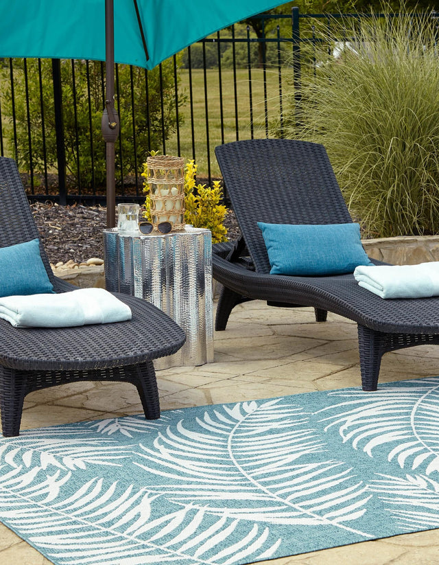 Light Aqua 10' x 13' 1 Outdoor Botanical Rectangle Area Rug Weather Resistant for Patio, Deck, Terrace, Balcony, Porch Polypropylene Garden Floral Tropical Carpet for Sale at Rug Engine