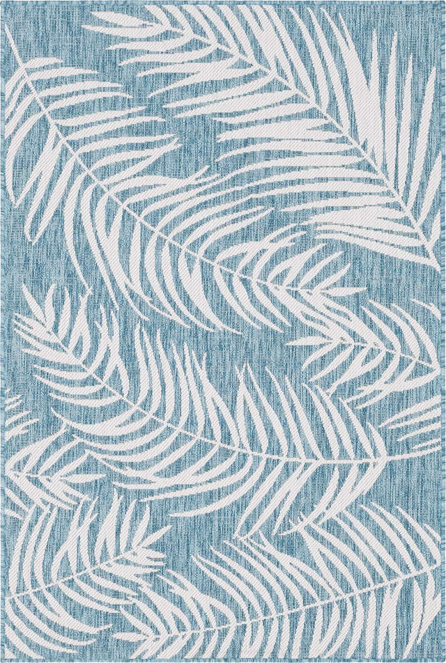 Light Aqua 4' 1 x 6' 1 Outdoor Botanical Rectangle Area Rug Weather Resistant for Patio, Deck, Terrace, Balcony, Porch Polypropylene Garden Floral Tropical Carpet for Sale at Rug Engine