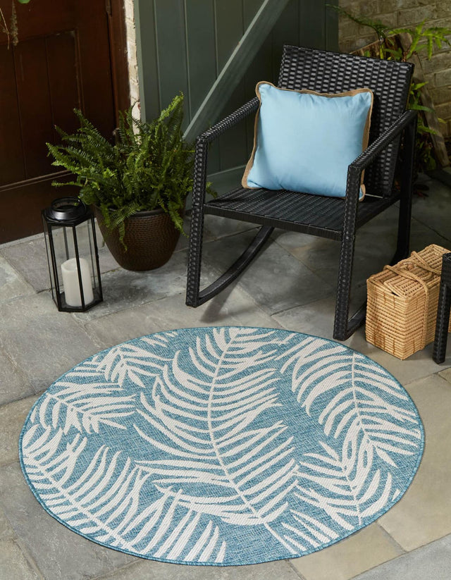 Light Aqua 13' 1 x 13' 1 Outdoor Botanical Round Area Rug Weather Resistant for Patio, Deck, Terrace, Balcony, Porch Polypropylene Garden Floral Tropical Carpet for Sale at Rug Engine