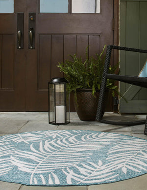 Light Aqua 4' 1 x 4' 1 Outdoor Botanical Round Area Rug Weather Resistant for Patio, Deck, Terrace, Balcony, Porch Polypropylene Garden Floral Tropical Carpet for Sale at Rug Engine