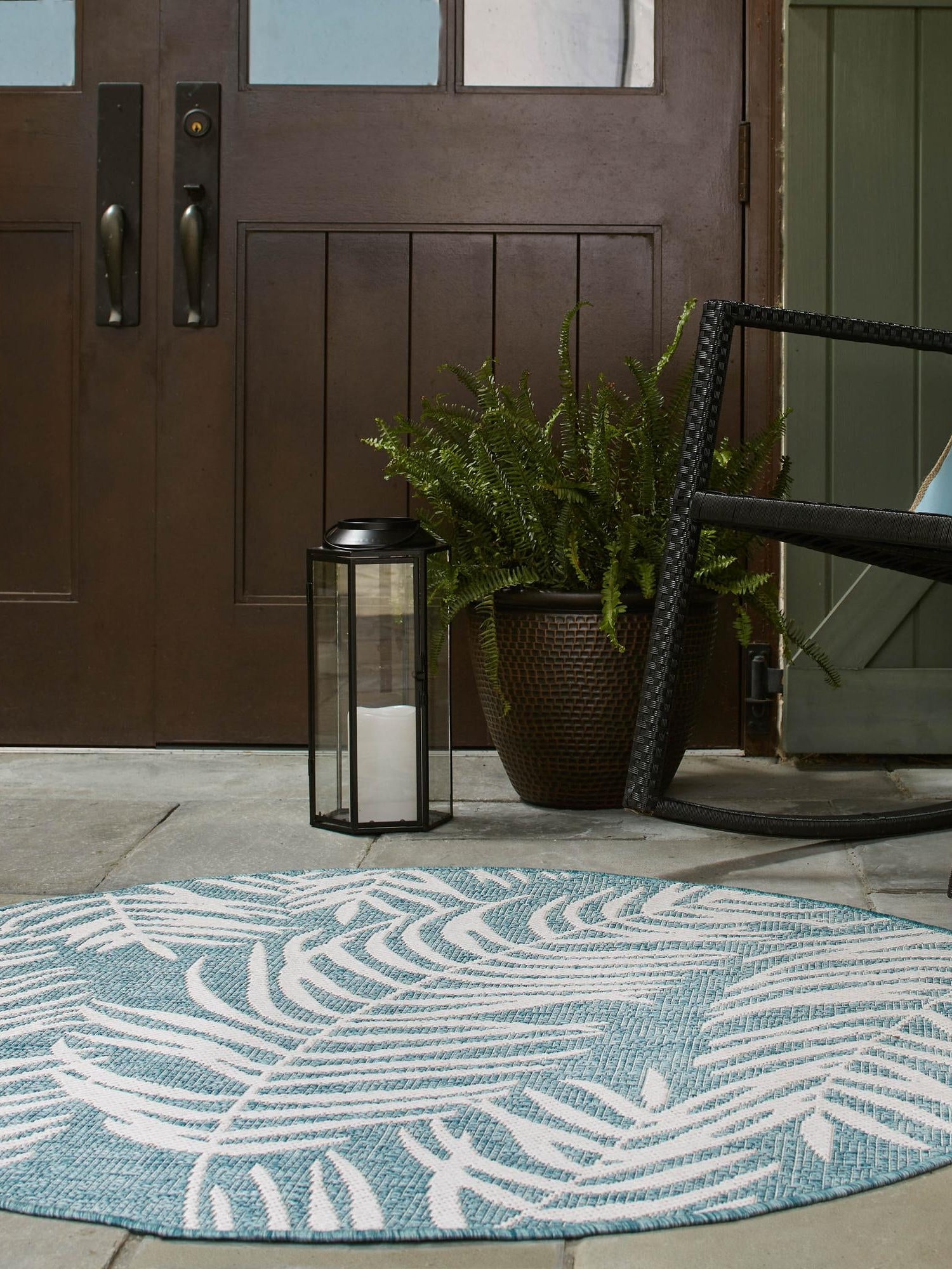 Light Aqua 10' x 10' Outdoor Botanical Round Area Rug Weather Resistant for Patio, Deck, Terrace, Balcony, Porch Polypropylene Garden Floral Tropical Carpet for Sale at Rug Engine