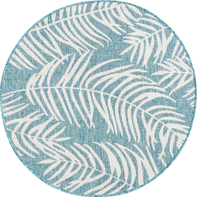 Light Aqua 4' 1 x 4' 1 Outdoor Botanical Round Area Rug Weather Resistant for Patio, Deck, Terrace, Balcony, Porch Polypropylene Garden Floral Tropical Carpet for Sale at Rug Engine