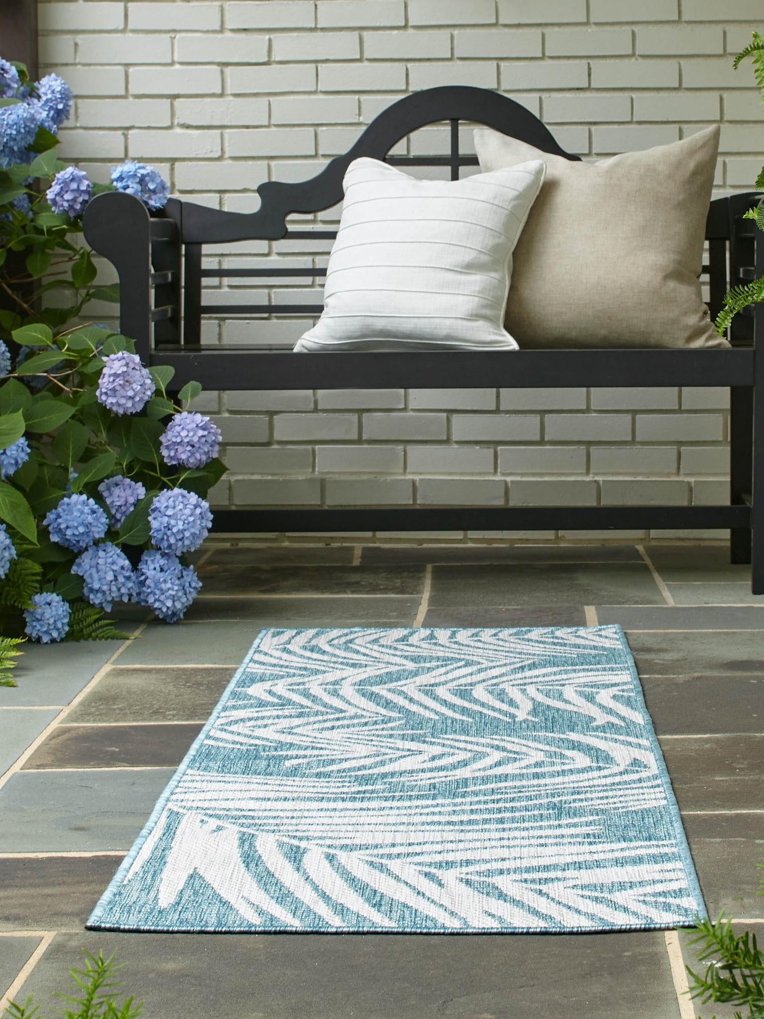 Light Aqua 2' x 6' 1 Outdoor Botanical Runner Area Rug Weather Resistant for Patio, Deck, Terrace, Balcony, Porch Polypropylene Garden Floral Tropical Carpet for Sale at Rug Engine