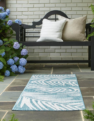 Light Aqua 2' x 6' 1 Outdoor Botanical Runner Area Rug Weather Resistant for Patio, Deck, Terrace, Balcony, Porch Polypropylene Garden Floral Tropical Carpet for Sale at Rug Engine