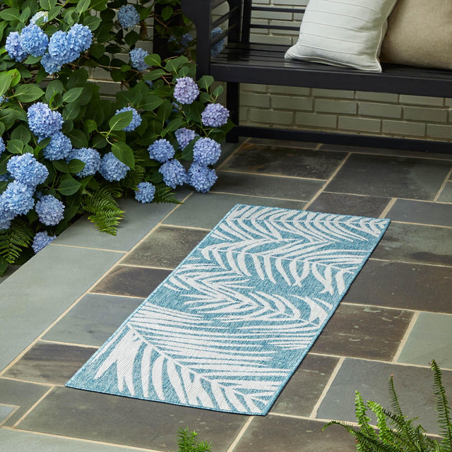 Light Aqua 2' 7 x 10' Outdoor Botanical Runner Area Rug Weather Resistant for Patio, Deck, Terrace, Balcony, Porch Polypropylene Garden Floral Tropical Carpet for Sale at Rug Engine