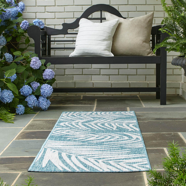Light Aqua 2' 7 x 10' Outdoor Botanical Runner Area Rug Weather Resistant for Patio, Deck, Terrace, Balcony, Porch Polypropylene Garden Floral Tropical Carpet for Sale at Rug Engine