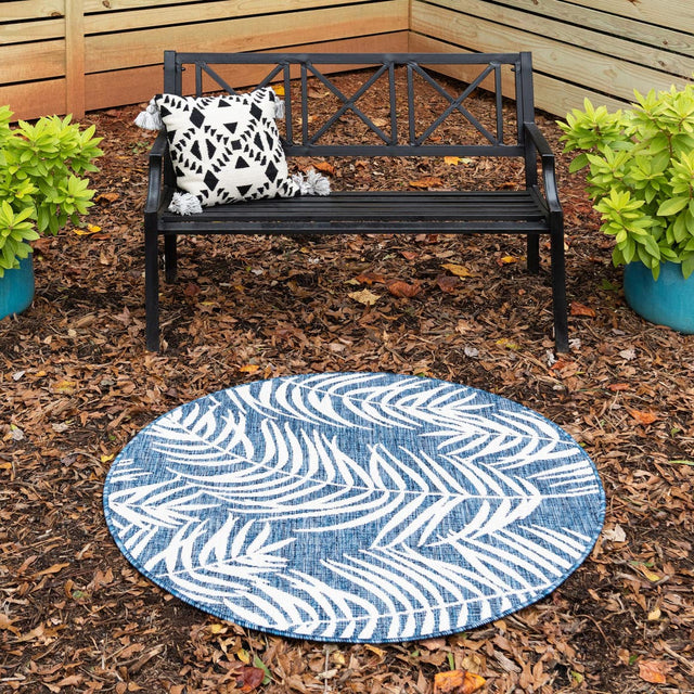 Blue 10' x 10' Outdoor Botanical Round Area Rug Weather Resistant for Patio, Deck, Terrace, Balcony, Porch Polypropylene Garden Floral Tropical Carpet for Sale at Rug Engine
