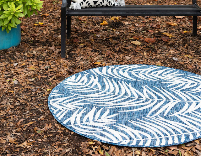 Blue 13' 1 x 13' 1 Outdoor Botanical Round Area Rug Weather Resistant for Patio, Deck, Terrace, Balcony, Porch Polypropylene Garden Floral Tropical Carpet for Sale at Rug Engine