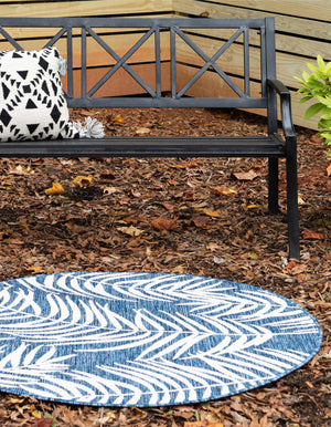 Blue 4' 1 x 4' 1 Outdoor Botanical Round Area Rug Weather Resistant for Patio, Deck, Terrace, Balcony, Porch Polypropylene Garden Floral Tropical Carpet for Sale at Rug Engine