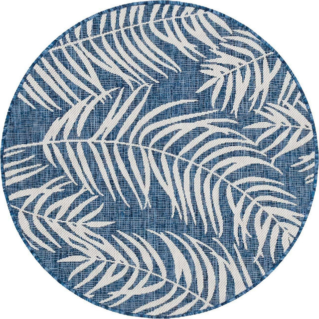 Blue 4' 1 x 4' 1 Outdoor Botanical Round Area Rug Weather Resistant for Patio, Deck, Terrace, Balcony, Porch Polypropylene Garden Floral Tropical Carpet for Sale at Rug Engine