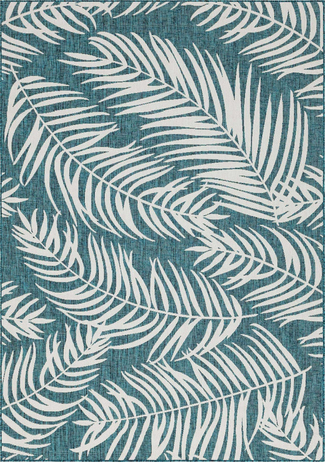 Teal 7' 10 x 11' Outdoor Botanical Rectangle Area Rug Weather Resistant for Patio, Deck, Terrace, Balcony, Porch Polypropylene Garden Floral Tropical Carpet for Sale at Rug Engine