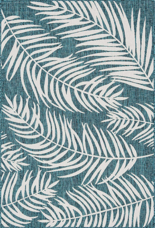 Teal 6' 1 x 9' Outdoor Botanical Rectangle Area Rug Weather Resistant for Patio, Deck, Terrace, Balcony, Porch Polypropylene Garden Floral Tropical Carpet for Sale at Rug Engine