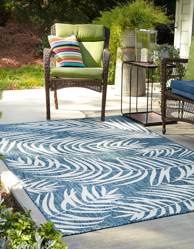 Teal 5' 3 x 7' 1 Outdoor Botanical Rectangle Area Rug Weather Resistant for Patio, Deck, Terrace, Balcony, Porch Polypropylene Garden Floral Tropical Carpet for Sale at Rug Engine