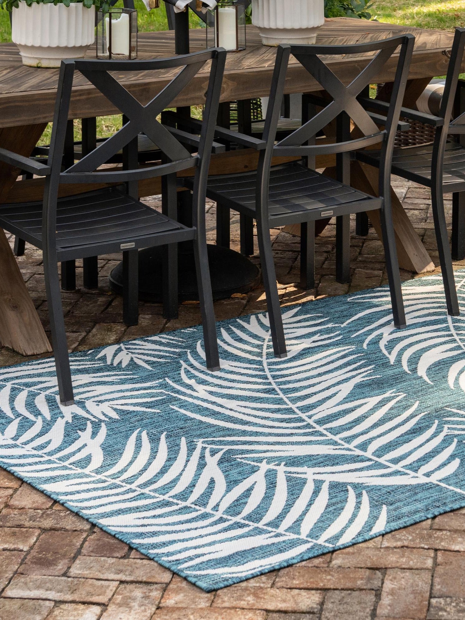 Teal 5' 3 x 8' Outdoor Botanical Rectangle Area Rug Weather Resistant for Patio, Deck, Terrace, Balcony, Porch Polypropylene Garden Floral Tropical Carpet for Sale at Rug Engine