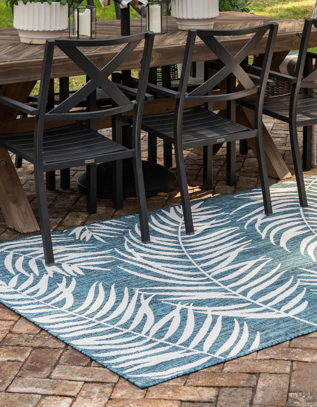 Teal 6' 1 x 9' Outdoor Botanical Rectangle Area Rug Weather Resistant for Patio, Deck, Terrace, Balcony, Porch Polypropylene Garden Floral Tropical Carpet for Sale at Rug Engine