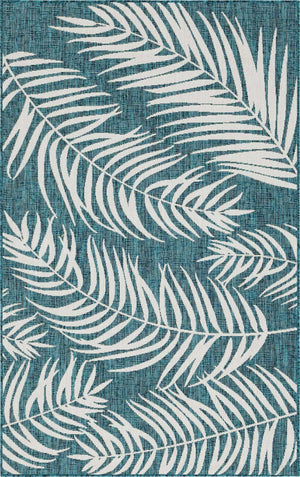 Teal 5' 3 x 8' Outdoor Botanical Rectangle Area Rug Weather Resistant for Patio, Deck, Terrace, Balcony, Porch Polypropylene Garden Floral Tropical Carpet for Sale at Rug Engine