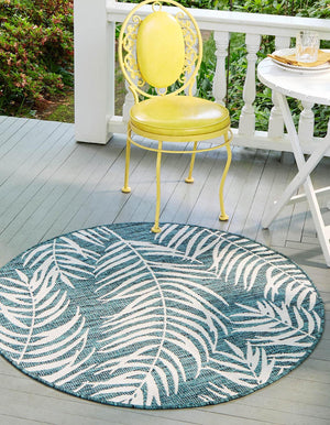 Teal 10' x 10' Outdoor Botanical Round Area Rug Weather Resistant for Patio, Deck, Terrace, Balcony, Porch Polypropylene Garden Floral Tropical Carpet for Sale at Rug Engine