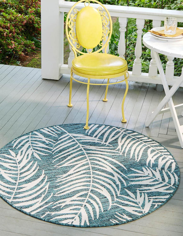 Teal 10' 8 x 10' 8 Outdoor Botanical Round Area Rug Weather Resistant for Patio, Deck, Terrace, Balcony, Porch Polypropylene Garden Floral Tropical Carpet for Sale at Rug Engine