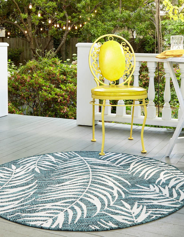 Teal 7' 10 x 7' 10 Outdoor Botanical Round Area Rug Weather Resistant for Patio, Deck, Terrace, Balcony, Porch Polypropylene Garden Floral Tropical Carpet for Sale at Rug Engine